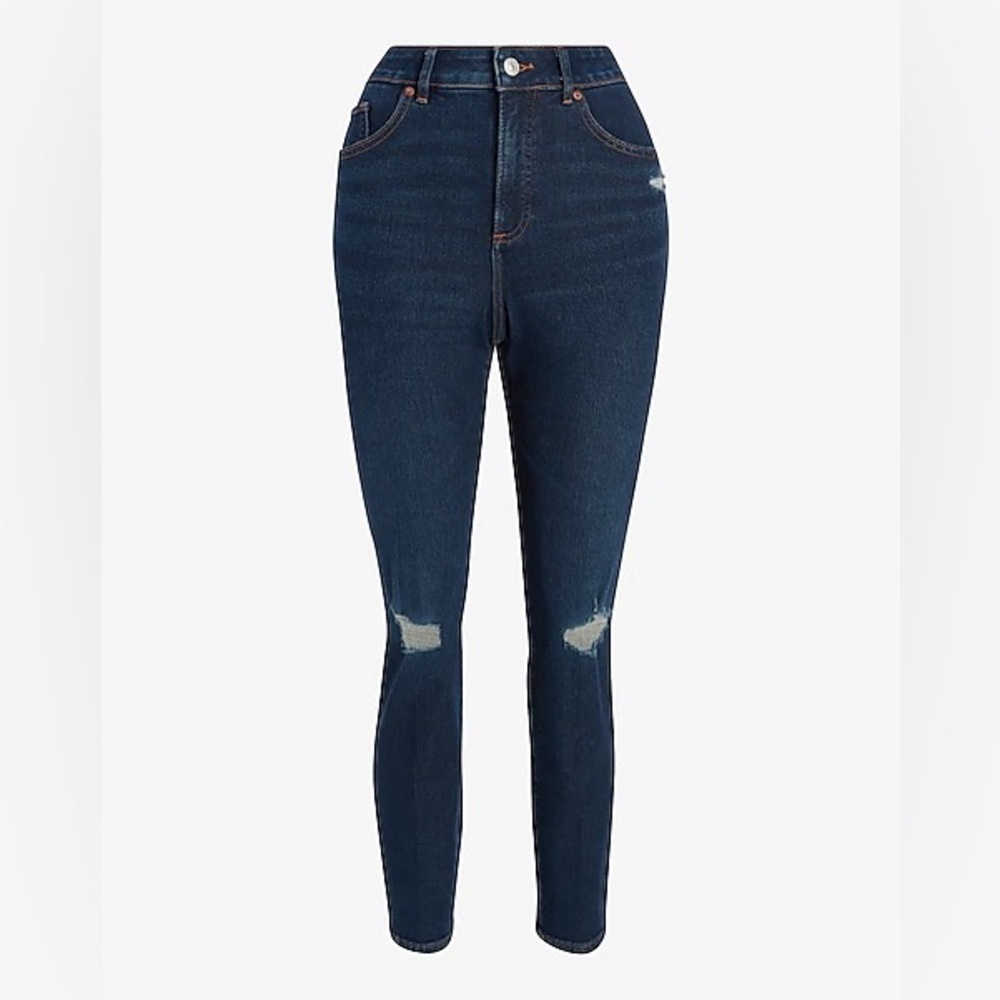 TALL Express Curvy Super High Waisted Dark Wash Ripped Slim Jeans size 8 Long